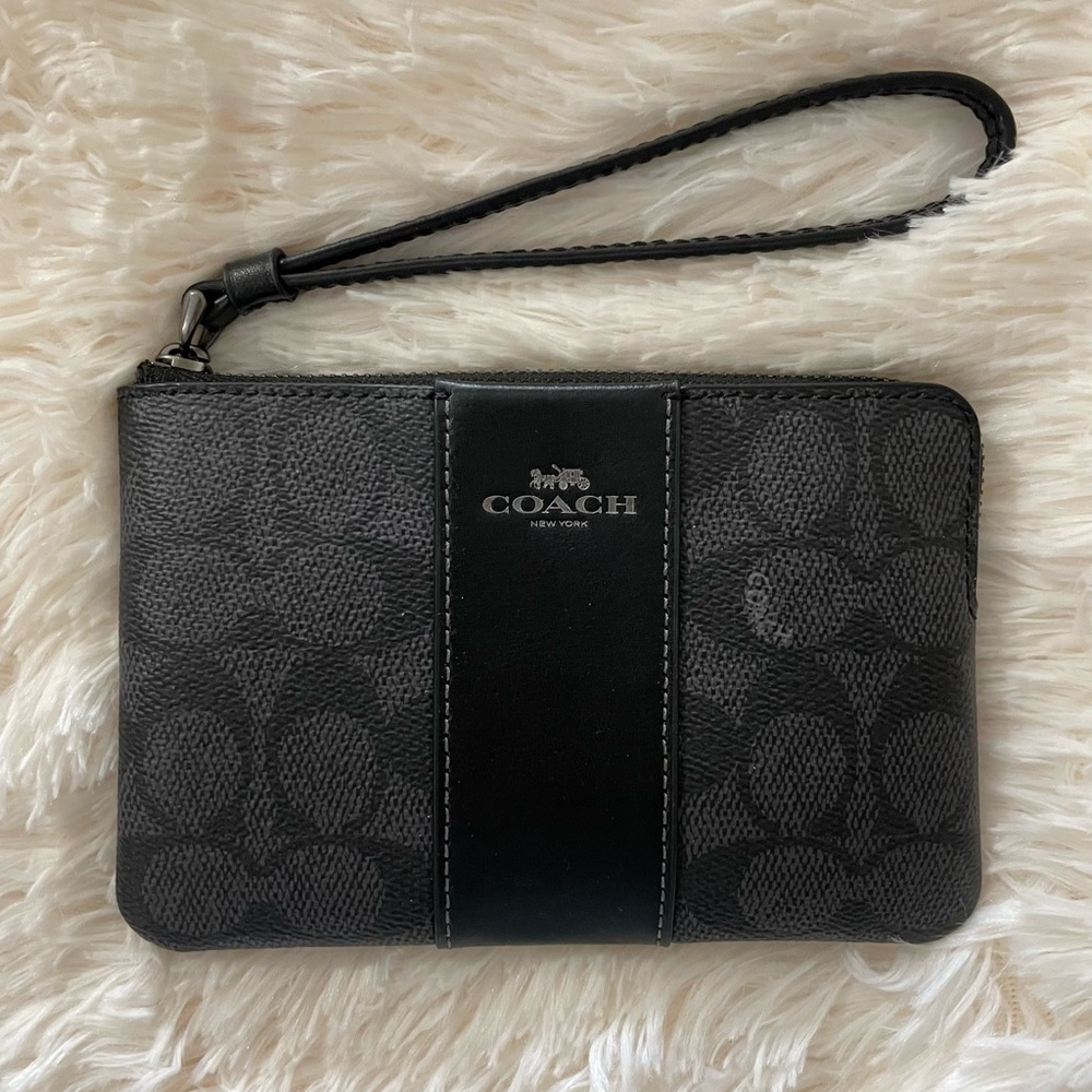 Coach Corner Zip Wristlet Black and Charcoal NWT